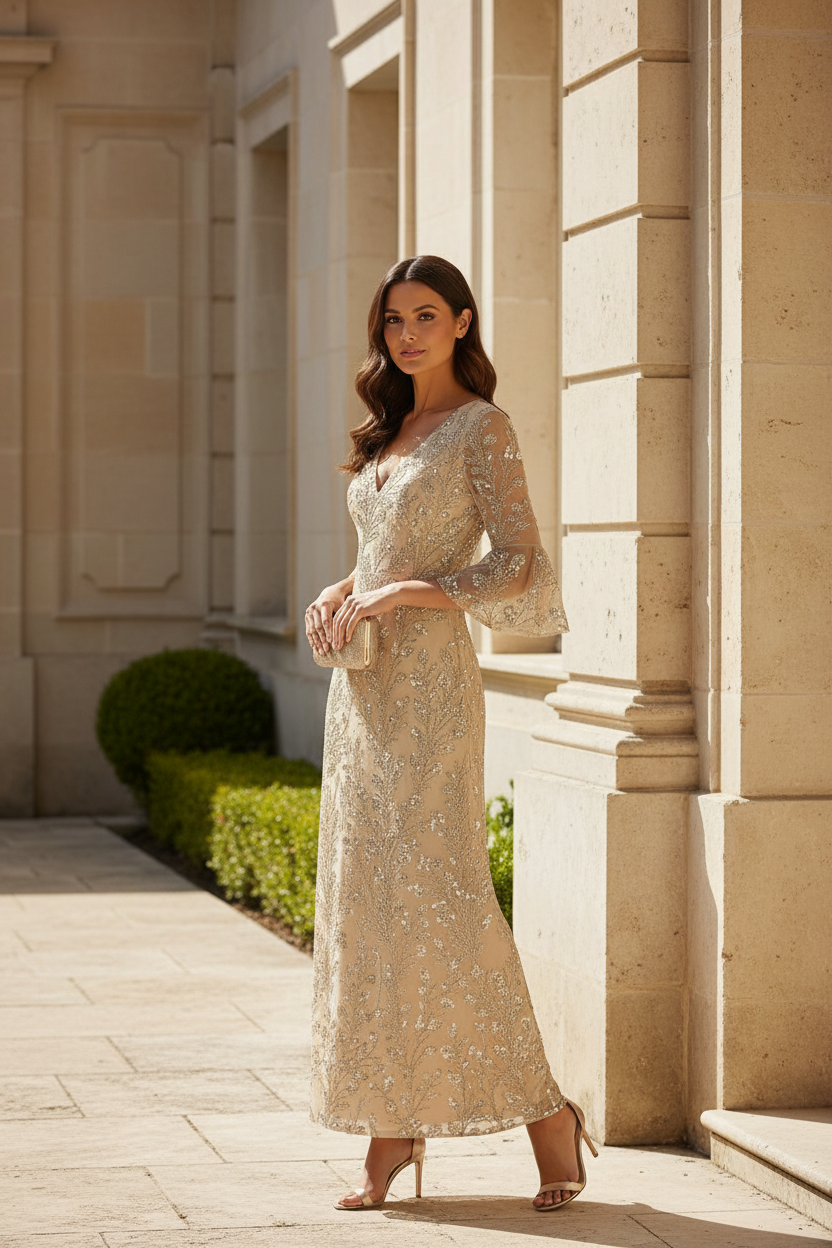 Sequin Floral V-Neck A-Line Gown with Bell Sleeves