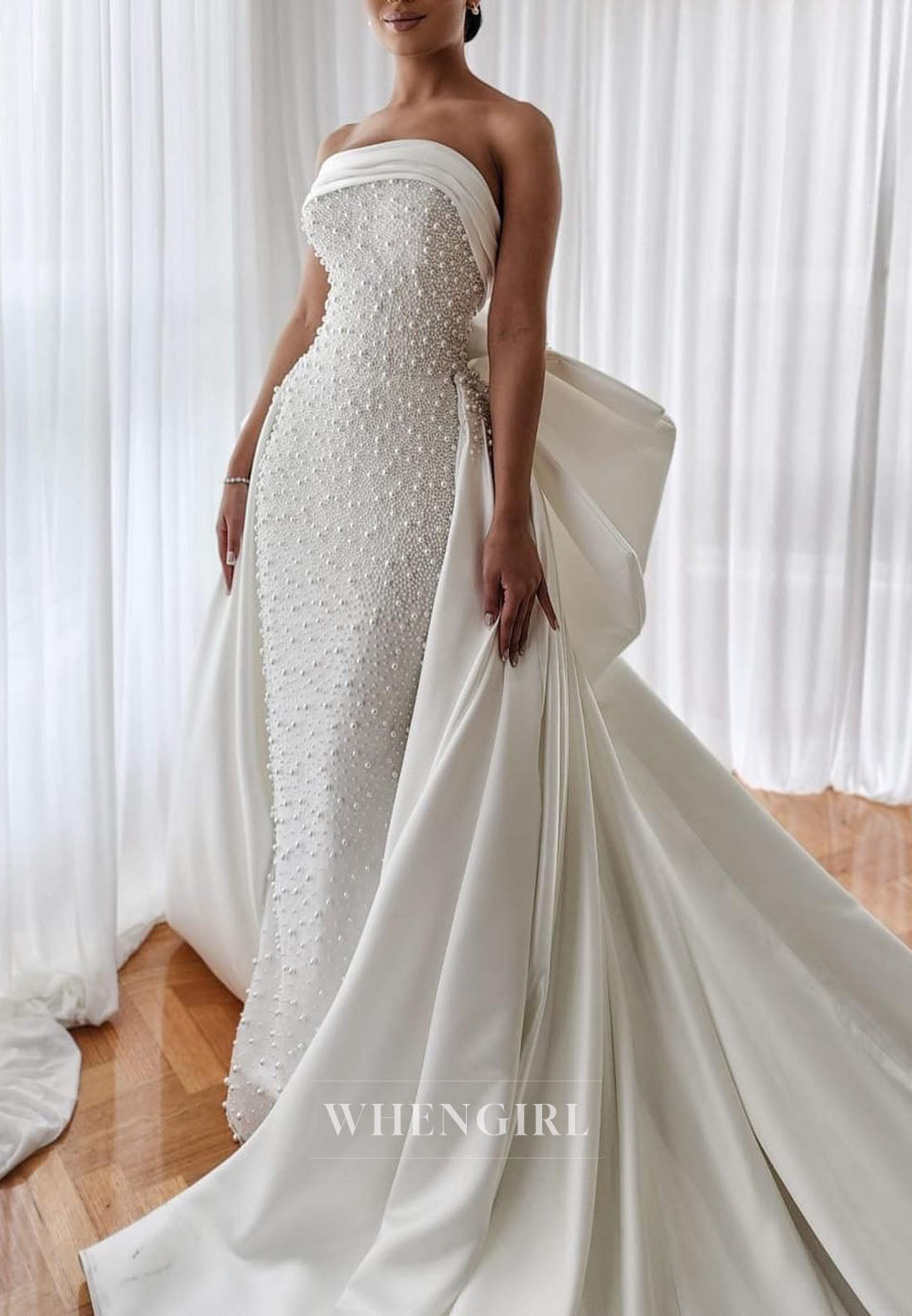 Pearl-Embellished Strapless Gown with Train
