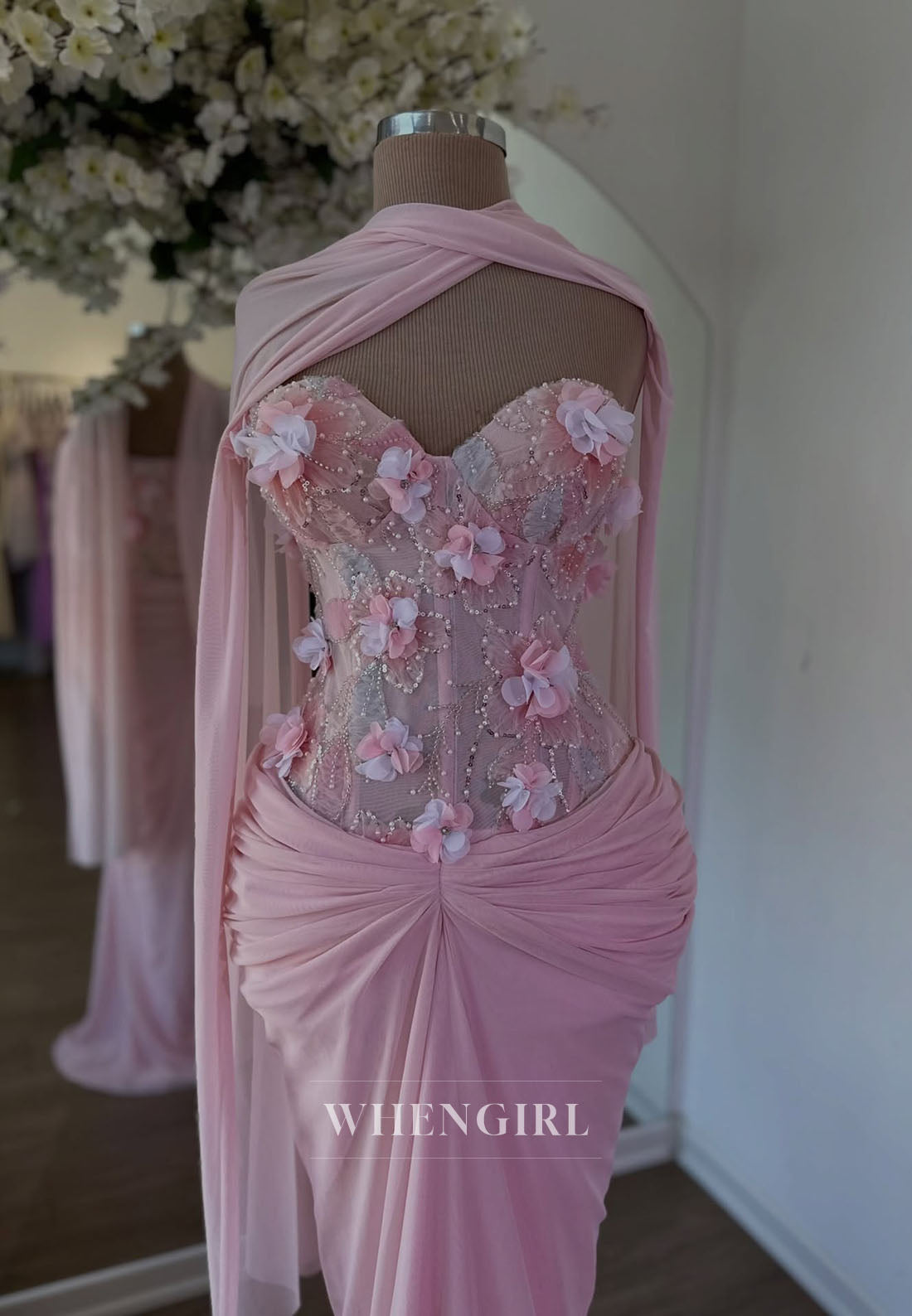 Floral Corset Sheath Gown with Cape Drape