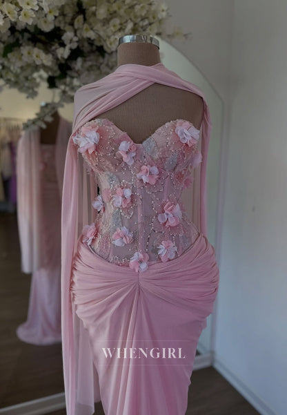 Floral Corset Sheath Gown with Cape Drape
