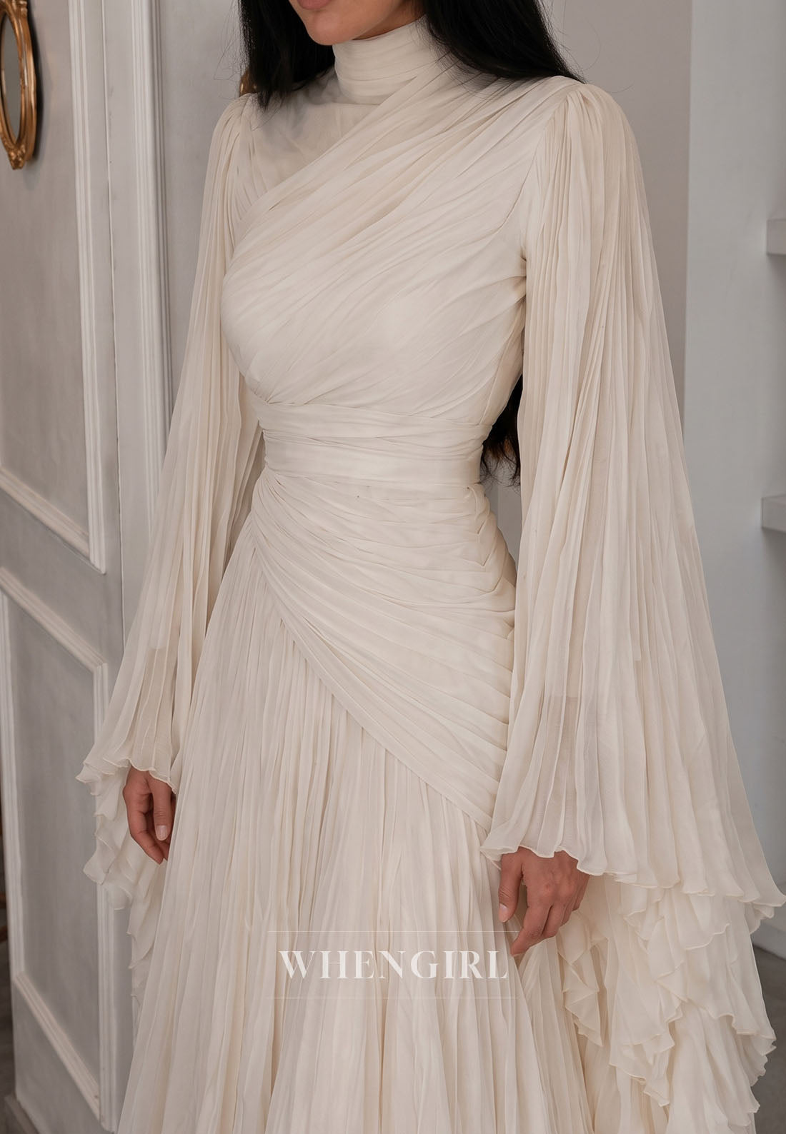High Neck Pleated Gown with Cape Sleeves