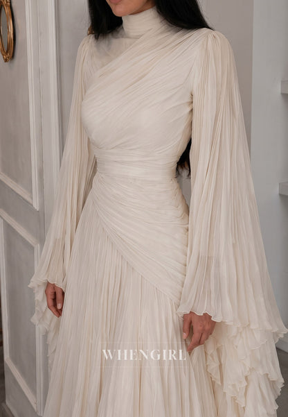 High Neck Pleated Gown with Cape Sleeves