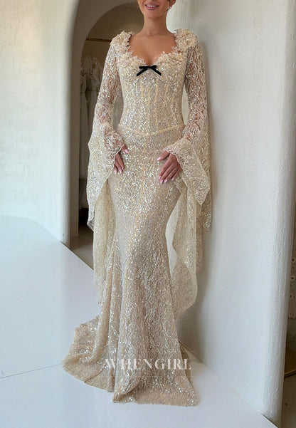 Sequined Mermaid Gown with Bell Sleeves