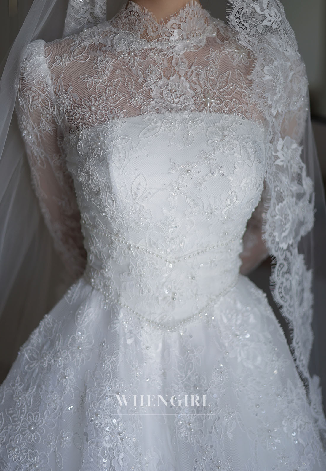 High Neck Lace Long Sleeve Ball Gown Wedding Dress