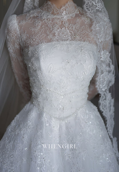 High Neck Lace Long Sleeve Ball Gown Wedding Dress
