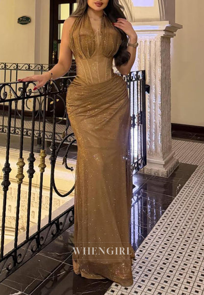 Glitter Corset Halter Maxi Dress with Ruched Skirt