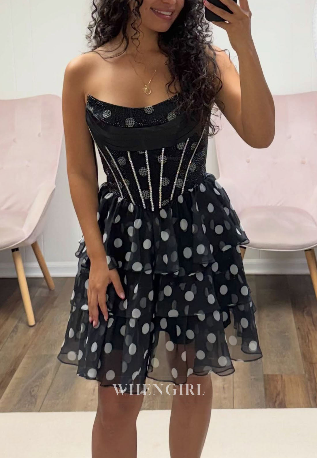 Strapless Beaded Corset Tiered Polka Dot Mini Dress