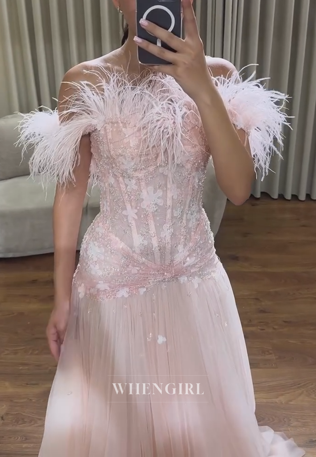 Feather Off-the-Shoulder Corset Evening Gown