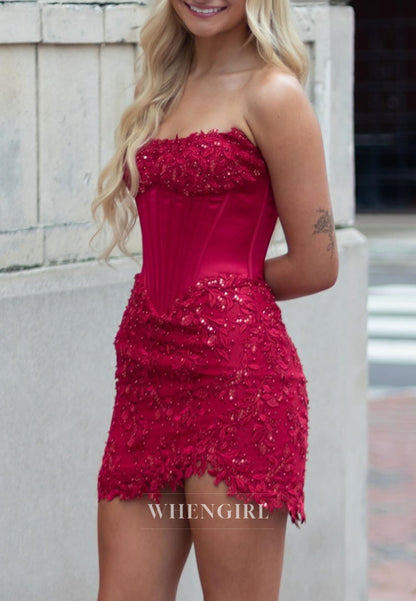 Strapless Corset Mini Dress with Lace Applique Skirt