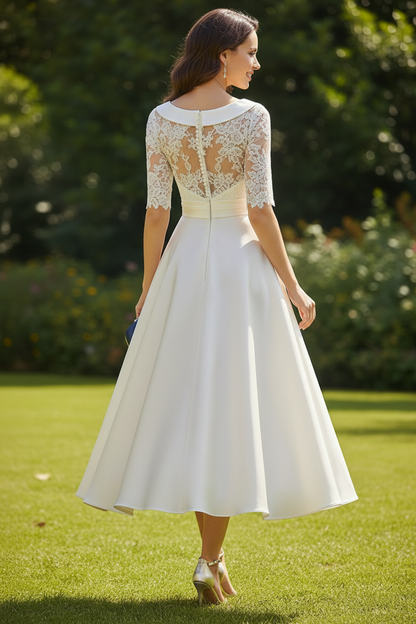 Elegant Lace Half-Sleeve Satin Tea-Length Dress