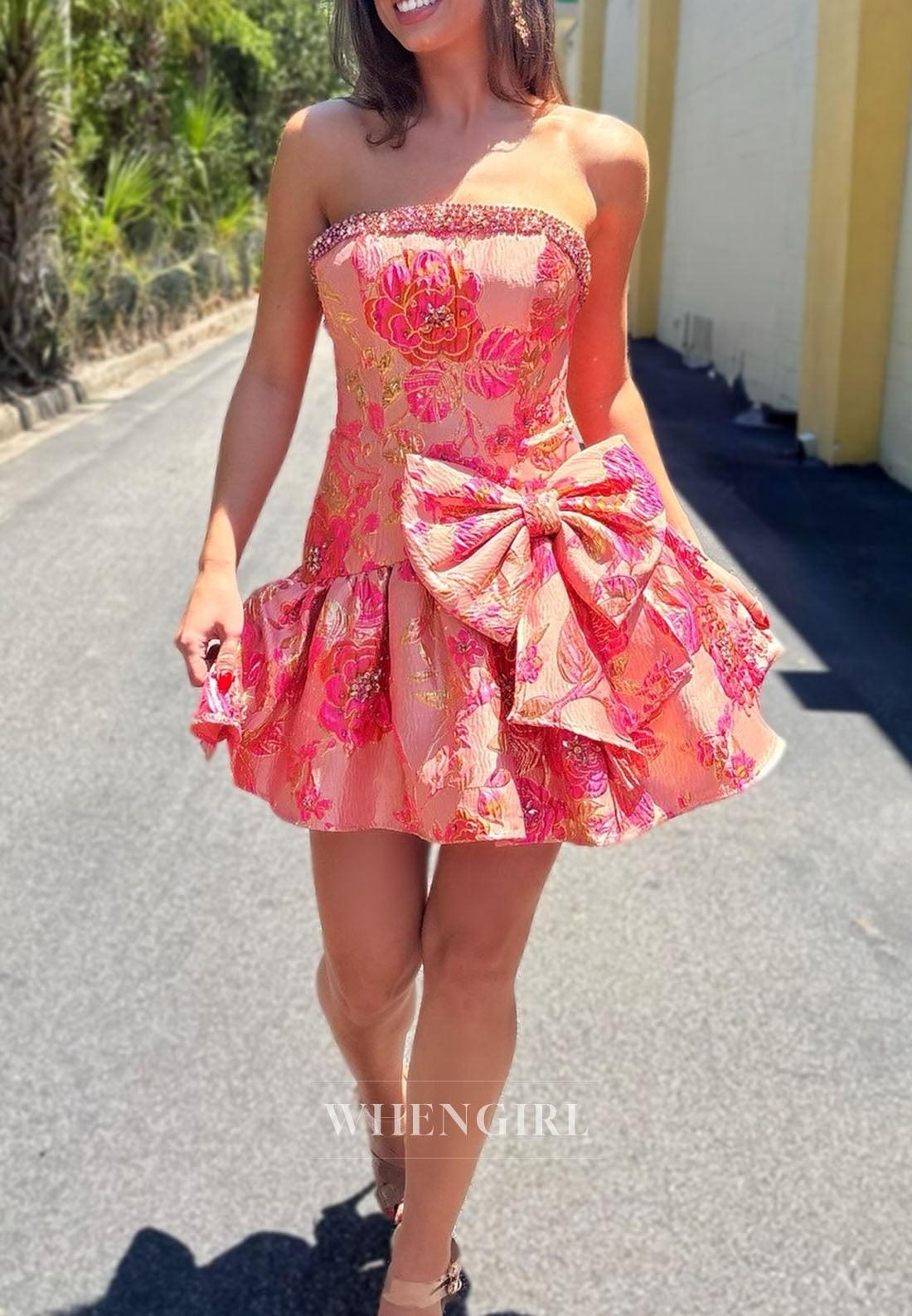 Strapless Floral Jacquard Mini Dress with Bow