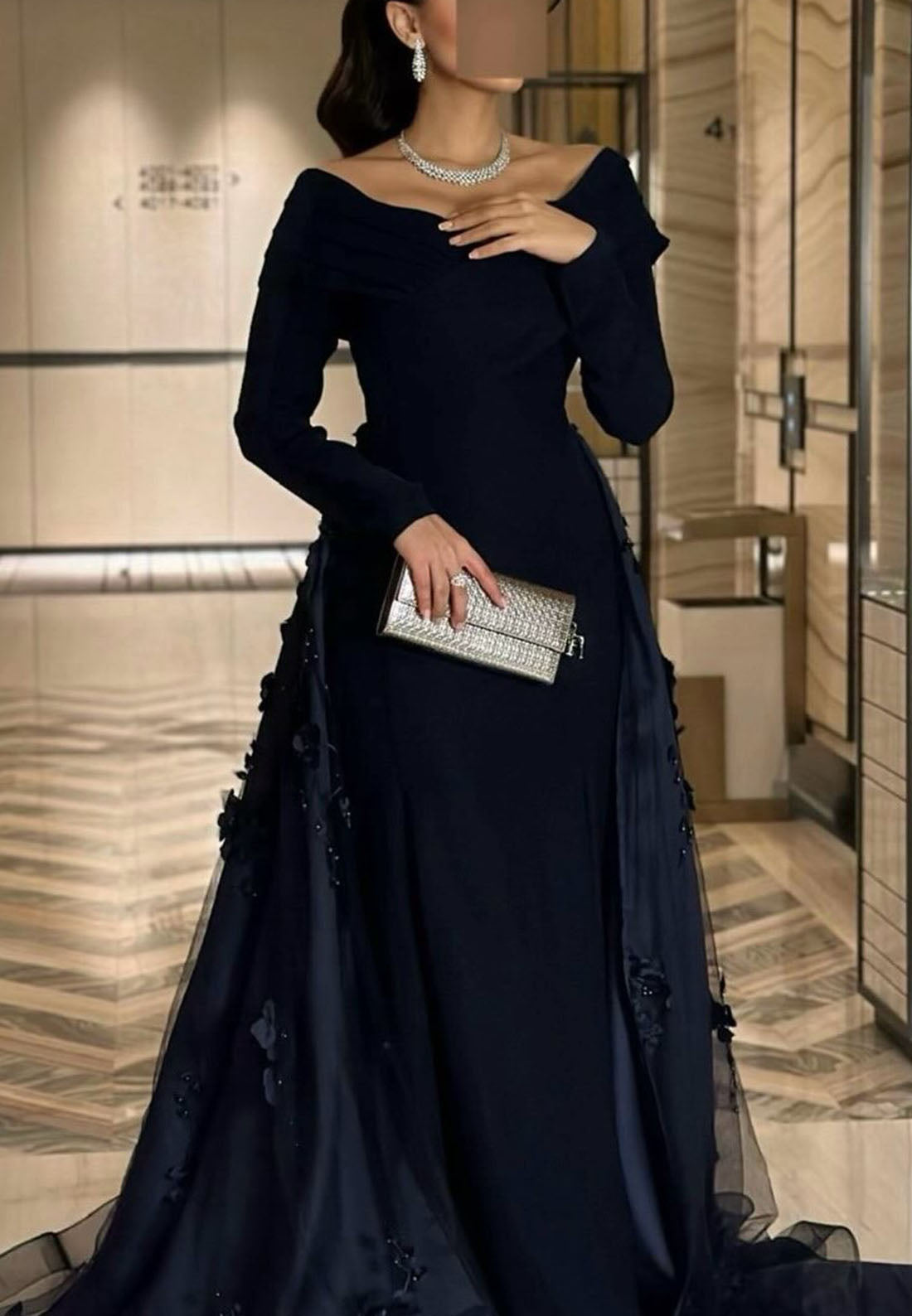 Off-Shoulder Long Sleeve Gown with 3D Florals