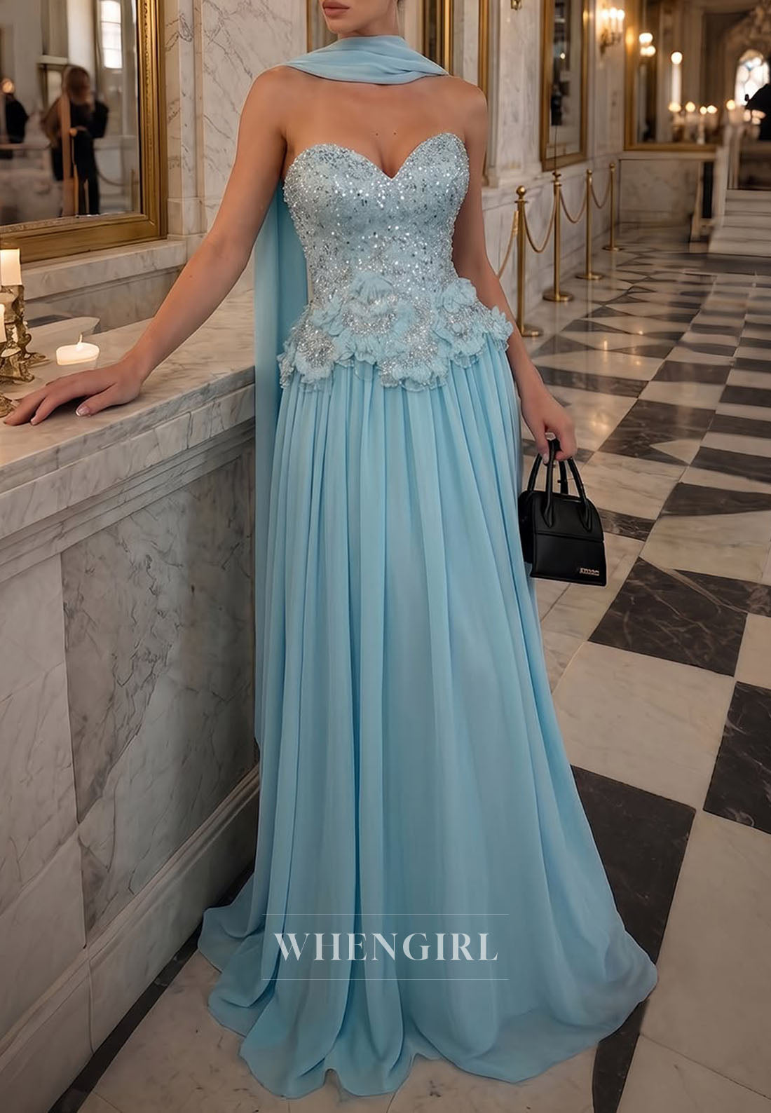 Beaded Sweetheart Chiffon Gown with Cape Back