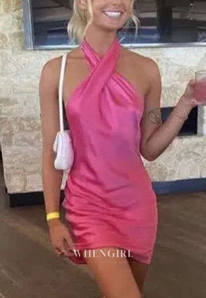 Cross Halter Neck Satin Bodycon Mini Dress