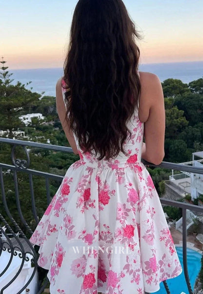 Floral Print Mini Dress with Square Neck & Full Skirt