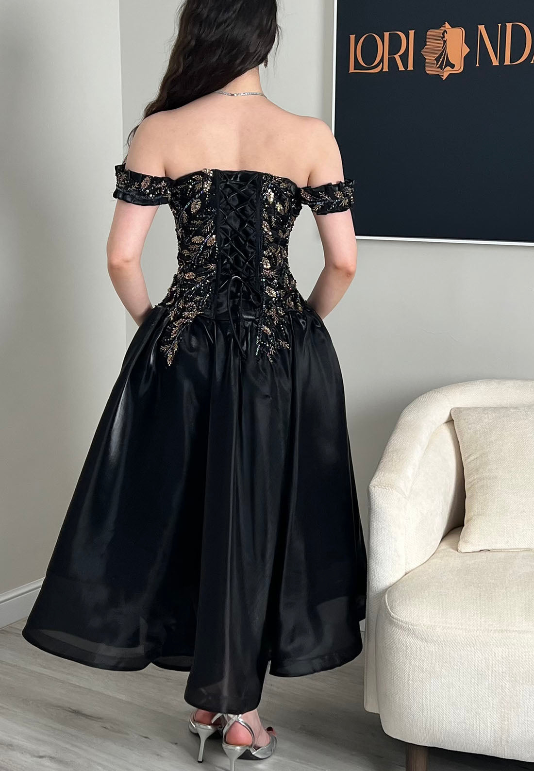 Beaded Corset Off-the-Shoulder Tea-Length Dress