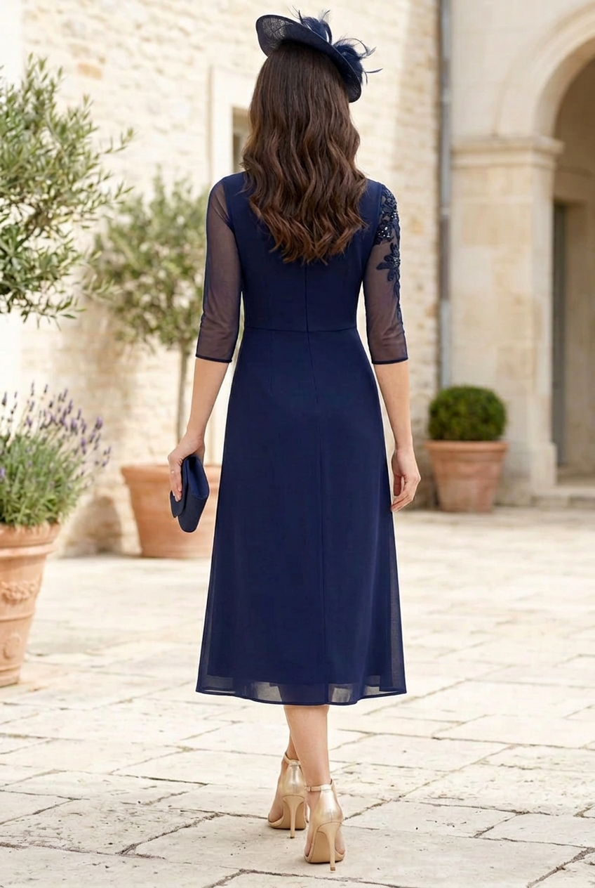 Midi Dress with Floral Lace Appliques and Pleats