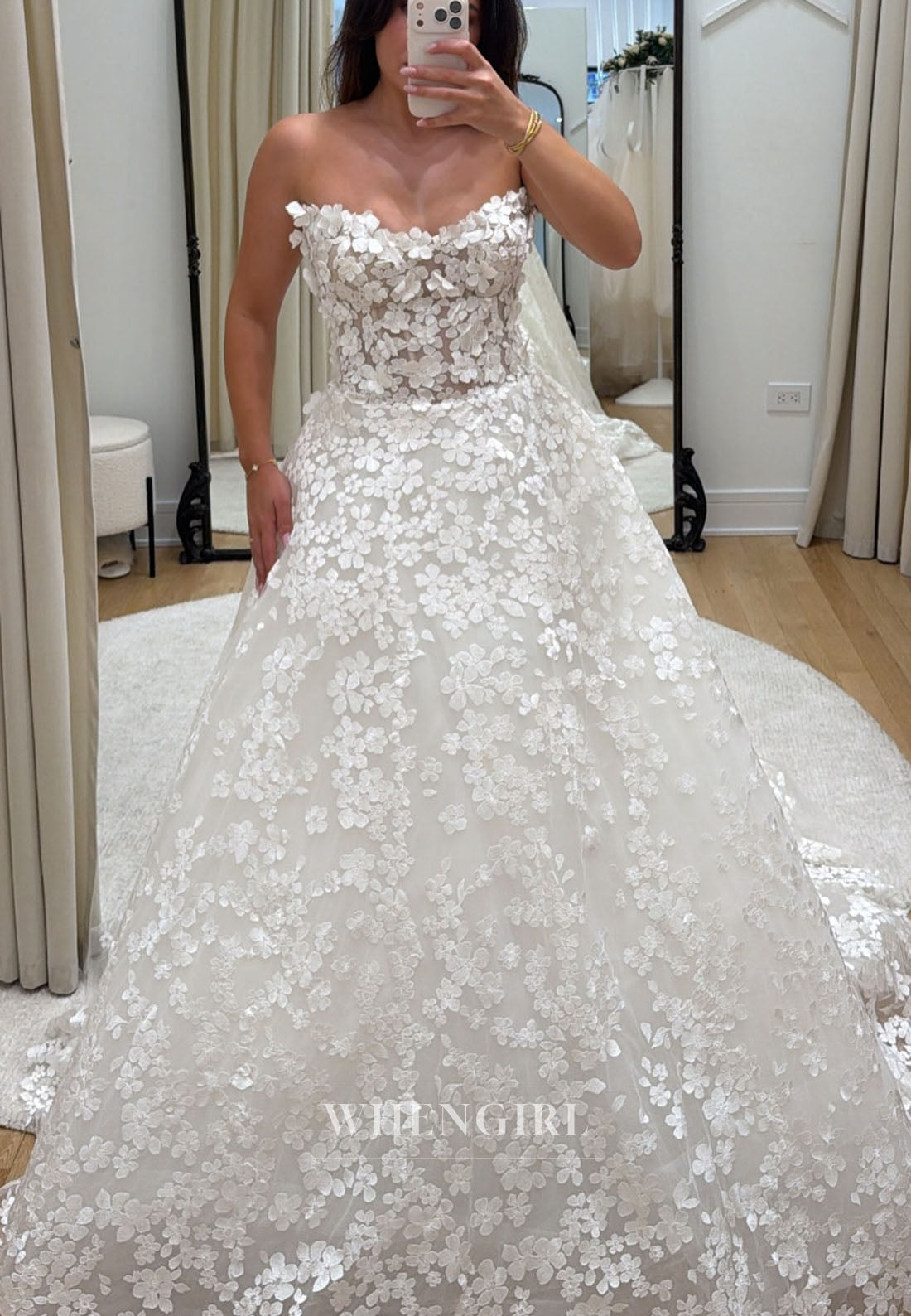 3D Floral Applique Strapless Ball Gown Wedding Dress