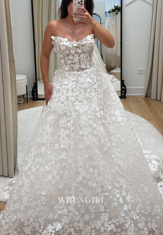 3D Floral Applique Strapless Ball Gown Wedding Dress
