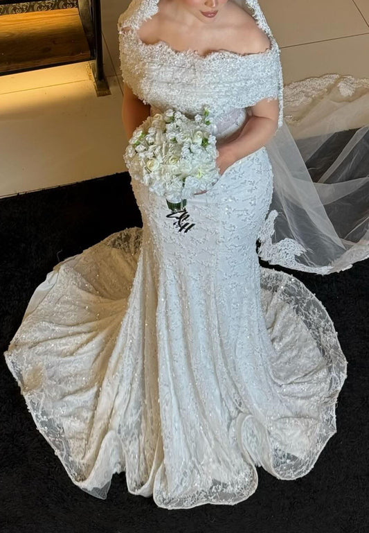 Off-the-Shoulder Beaded Mermaid Wedding Dress