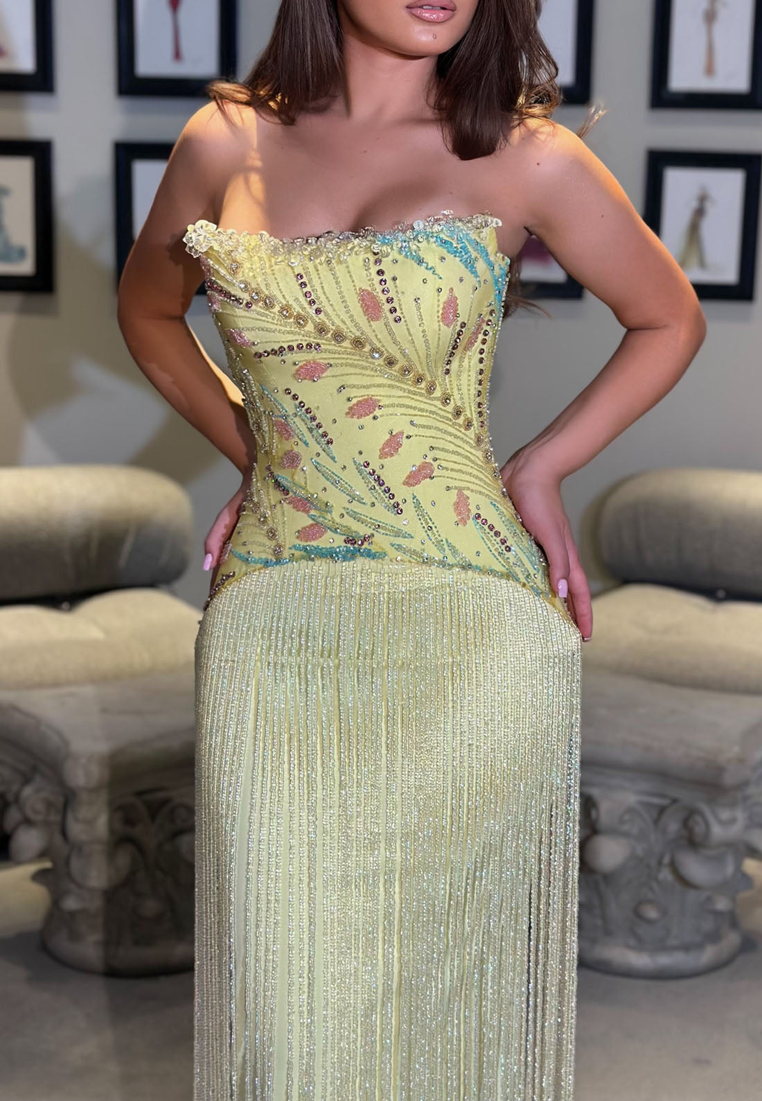 Strapless Beaded Bodice Fringe Evening Gown