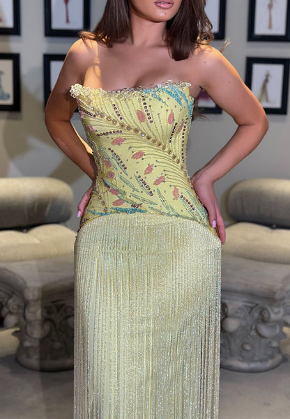 Strapless Beaded Bodice Fringe Evening Gown