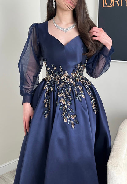 Beaded Waist A-Line Tea-Length Dress with Sheer Sleeves