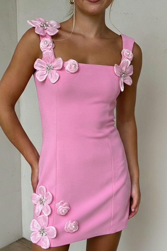 3D Floral Applique Square Neck Bodycon Mini Dress