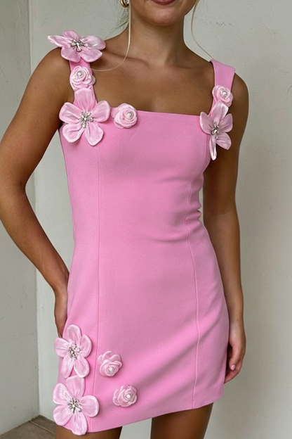 3D Floral Applique Square Neck Bodycon Mini Dress