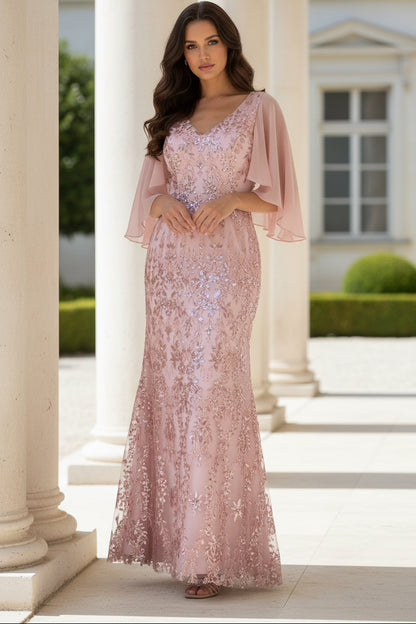 Sequined Cape-Sleeve V-Neck Gown