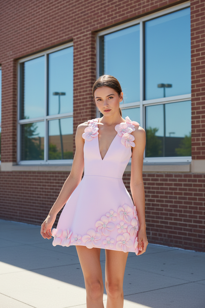 Sleeveless Floral Applique V-Neck Mini Dress