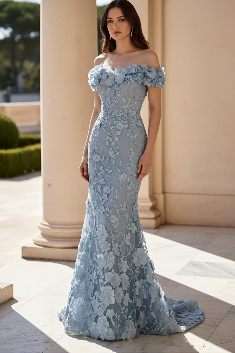 3D Floral Off-the-Shoulder Trumpet Evening Gown