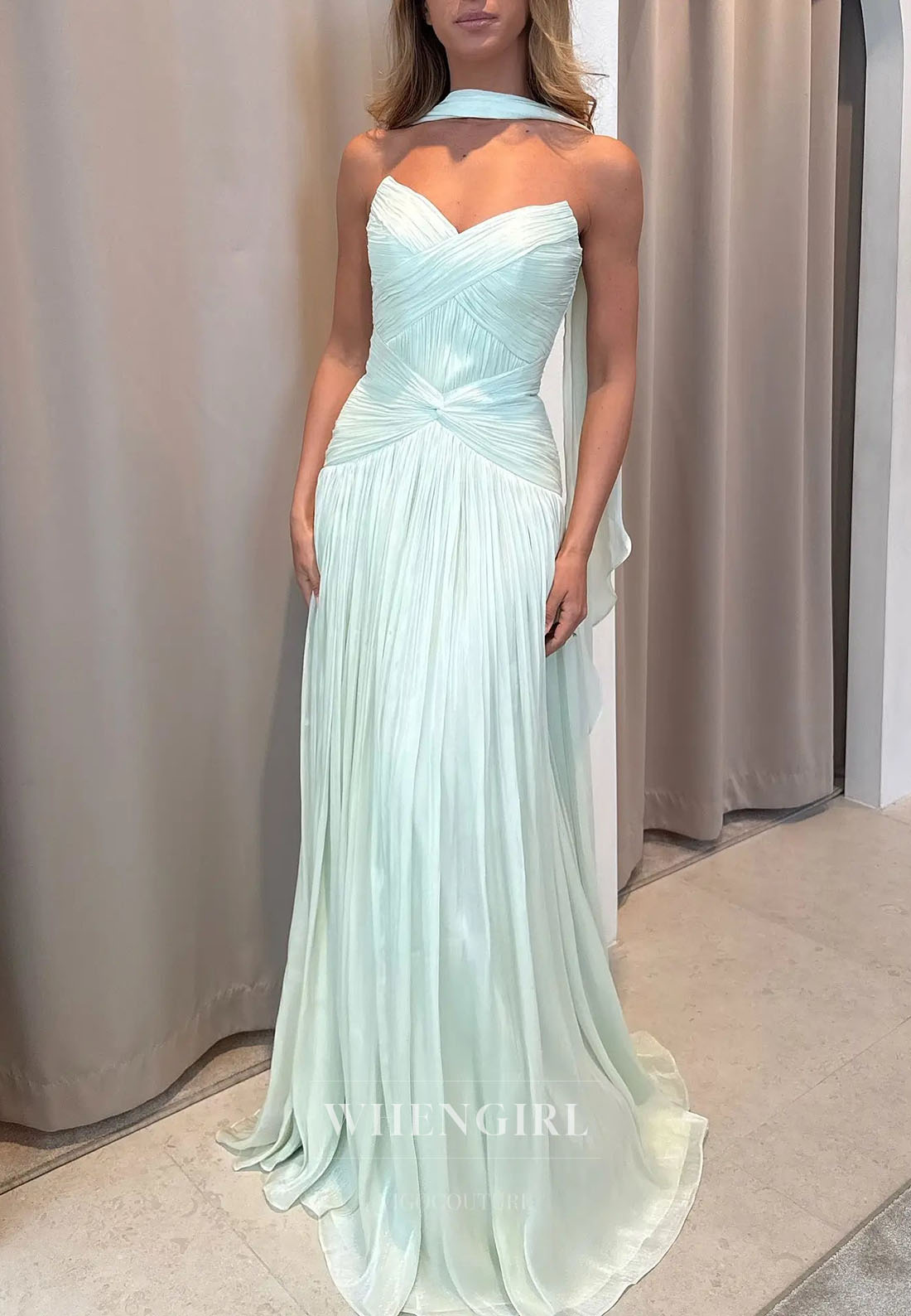 Strapless Ruched Gown with Neck Scarf
