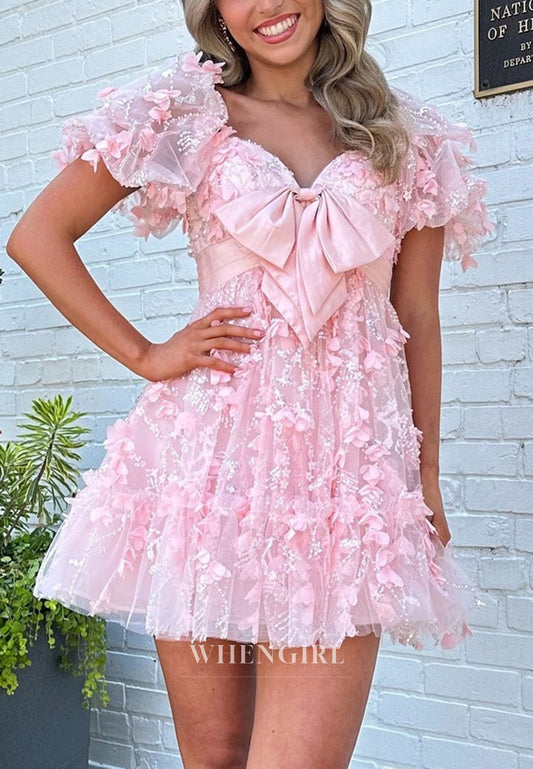 3D Floral Tulle Mini Dress with Front Bowknot