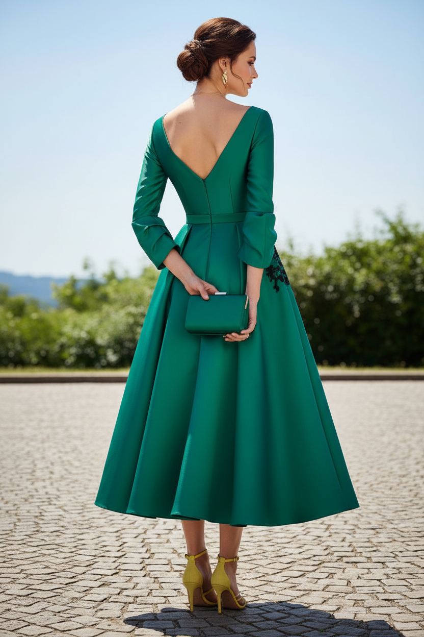 Bateau Neck Satin A-Line Midi Dress with Appliques