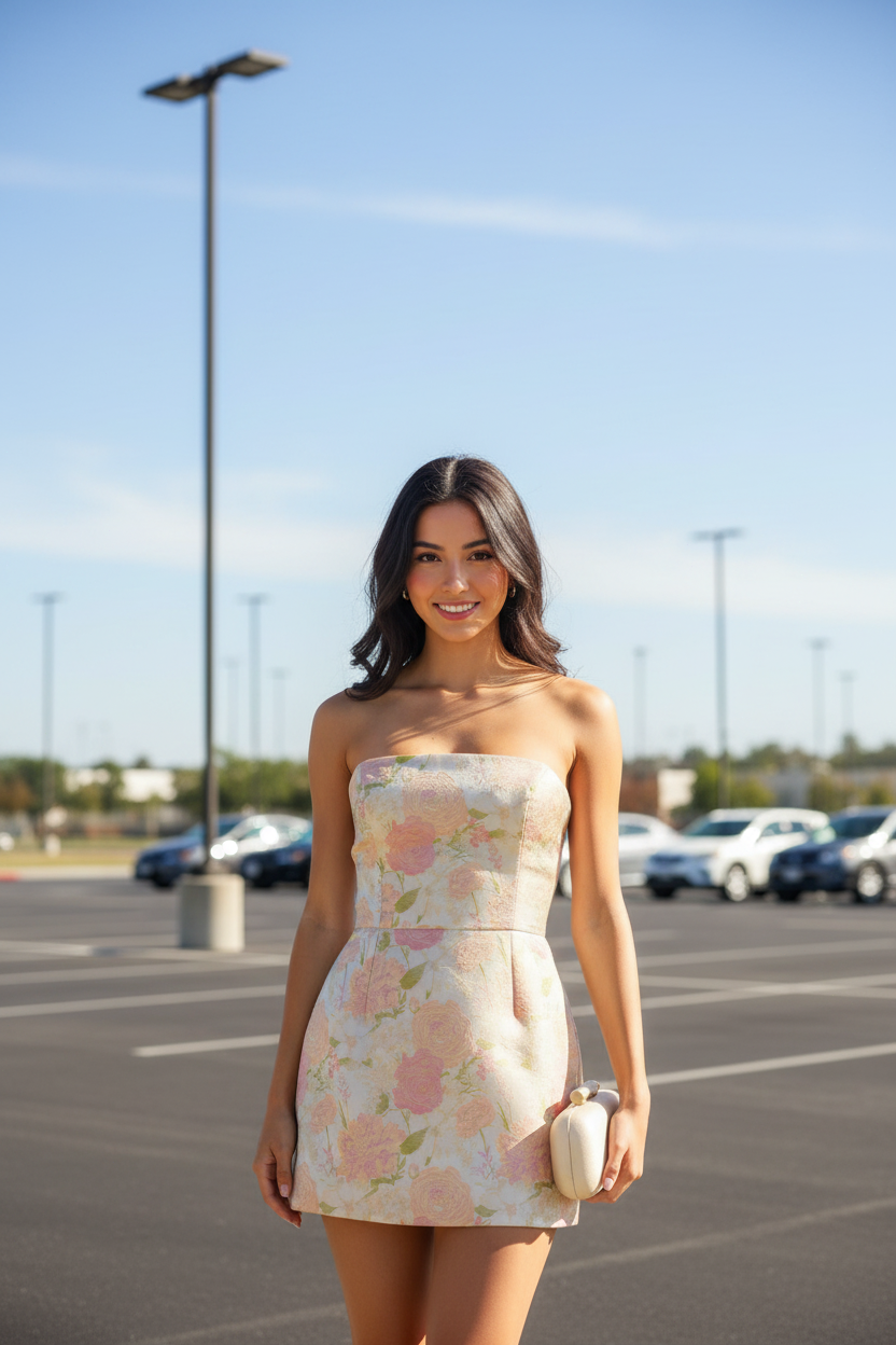 Strapless Floral Jacquard Mini Dress