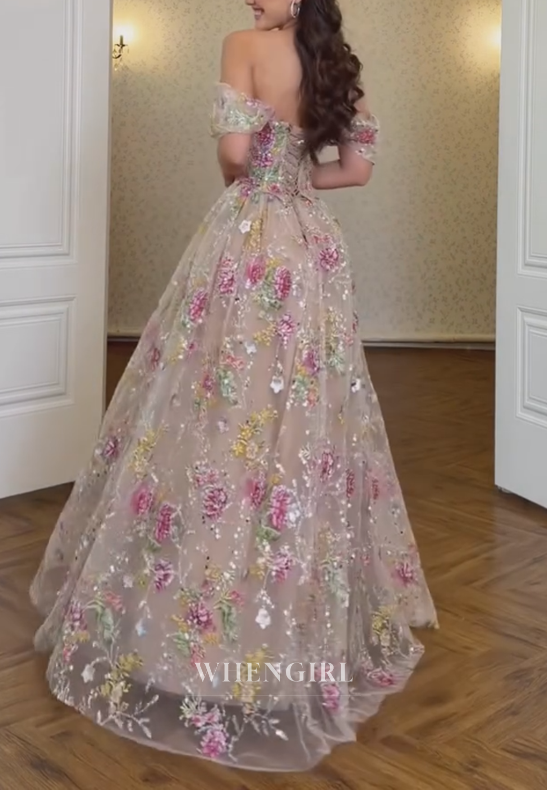 Off-the-Shoulder Floral Embroidered Corset A-Line Gown
