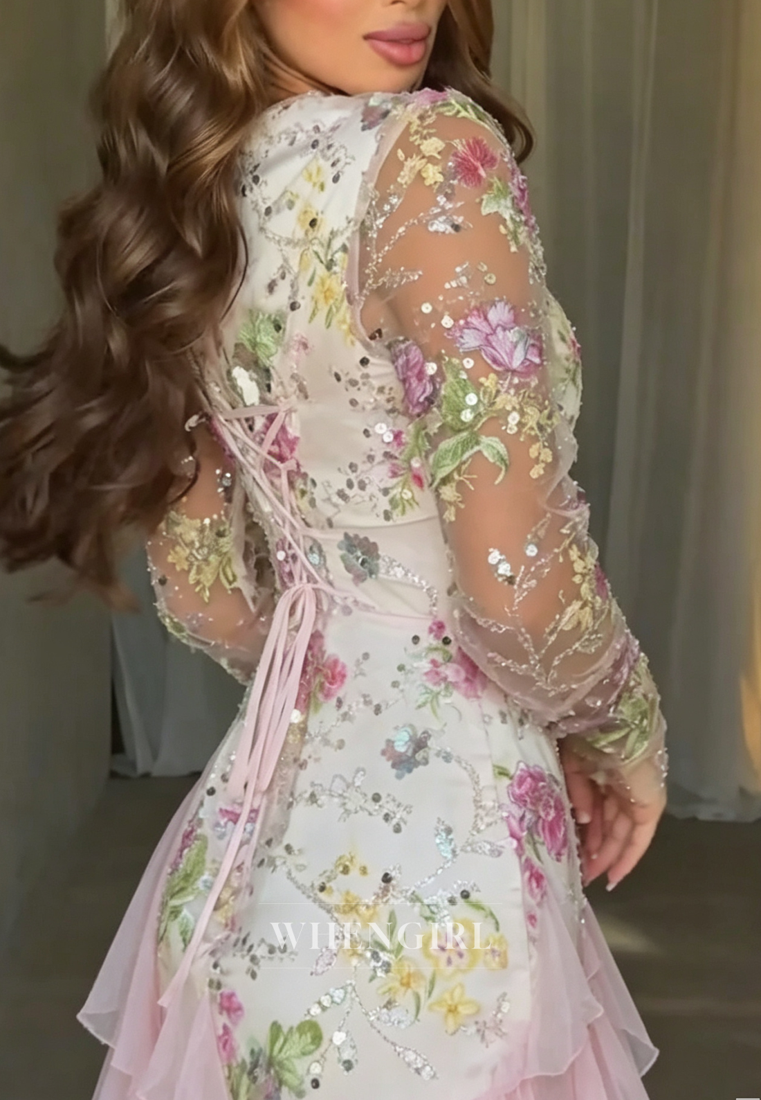 Embroidered Sequin Tiered Ruffle Gown