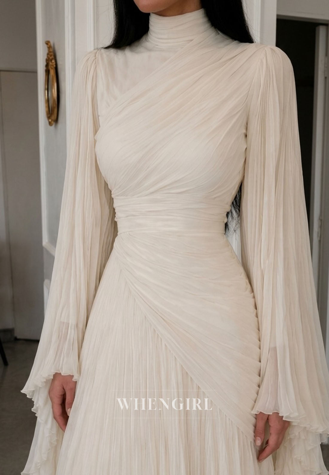 High Neck Pleated Gown with Cape Sleeves