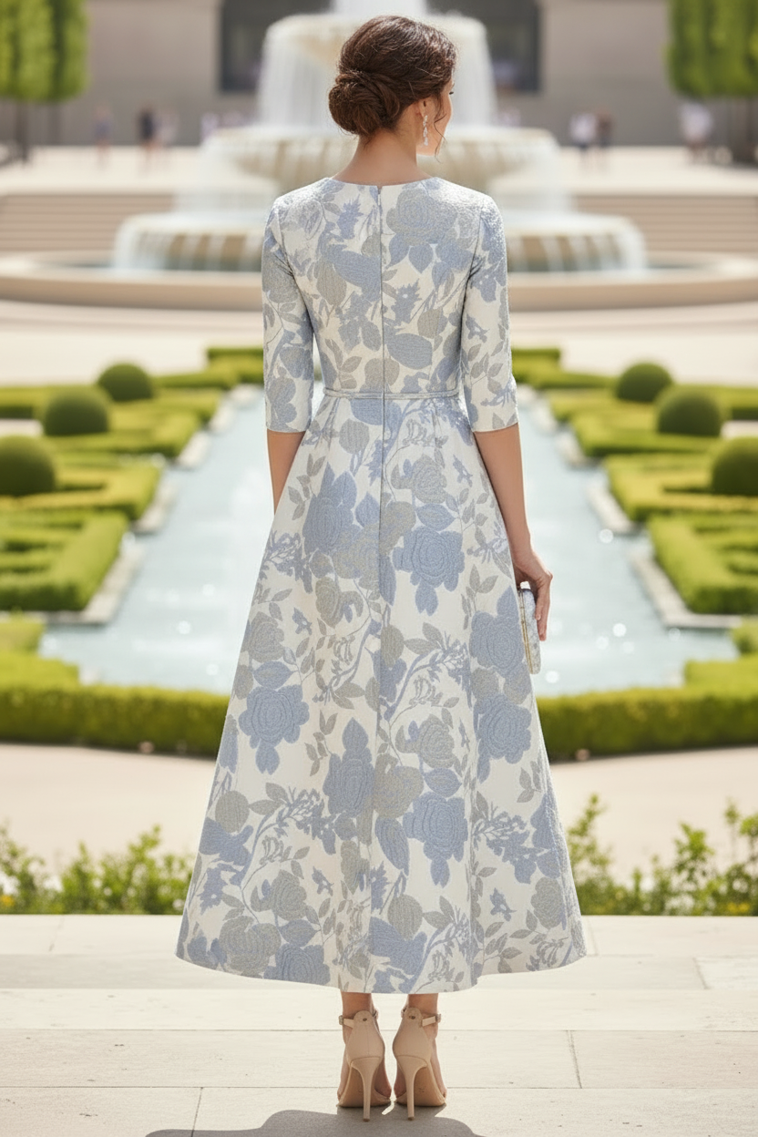 Floral Jacquard A-Line Tea-Length Dress with Pockets