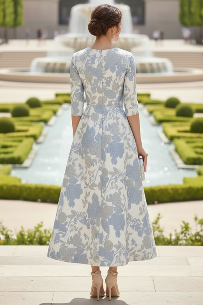 Floral Jacquard A-Line Tea-Length Dress with Pockets