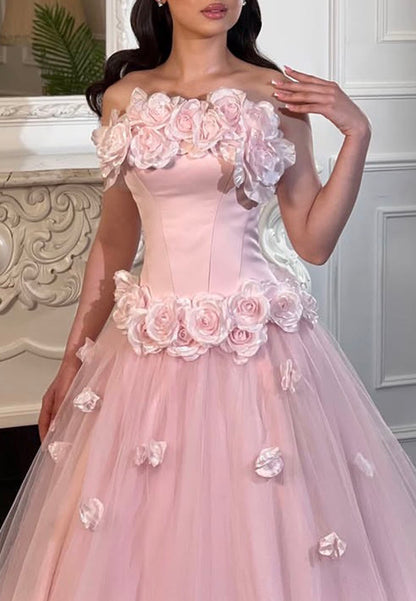 Floral Applique Corset Tulle Ball Gown