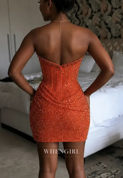 Strapless Sweetheart Beaded Corset Bodycon Dress