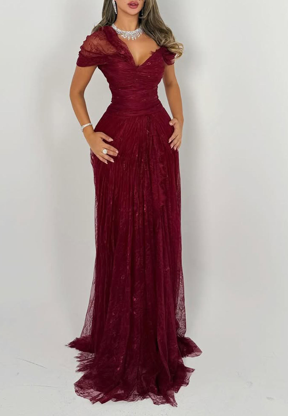 Ruched Off-the-Shoulder Lace Evening Gown with Train