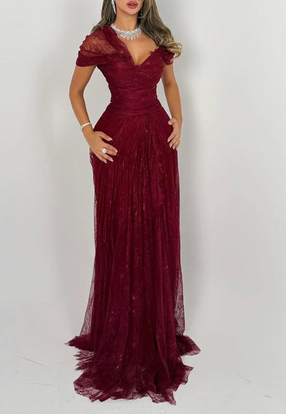 Ruched Off-the-Shoulder Lace Evening Gown with Train