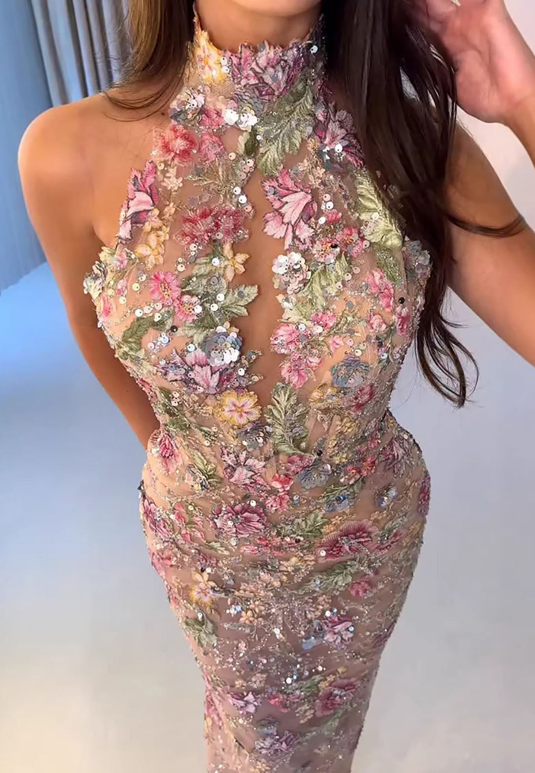 Halter Floral Sequin Mermaid Gown