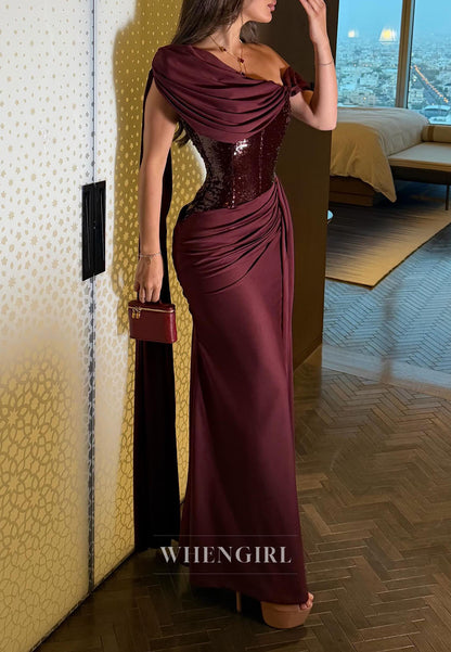 Sequined Asymmetrical Gown with Draped Cape