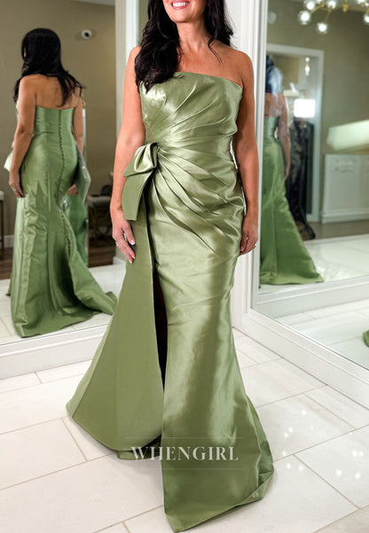 Strapless Pleated Satin Gown with Side Bow & Slit