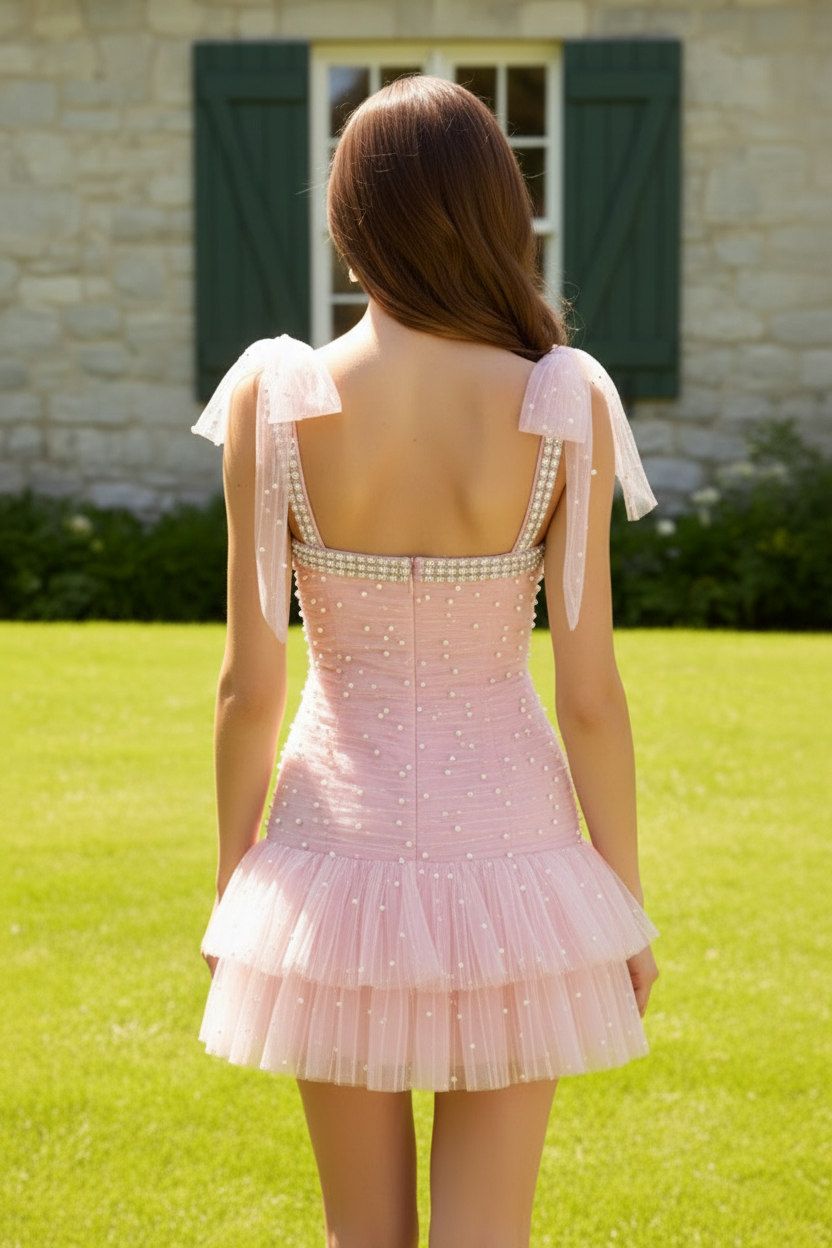 Pearl-Embellished Tiered Tulle Mini Dress