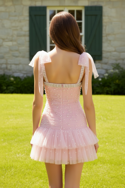 Pearl-Embellished Tiered Tulle Mini Dress